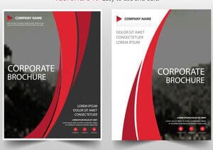 Corporate brochure template with red and black curved lines.