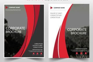 Corporate brochure template with red and black curved lines.