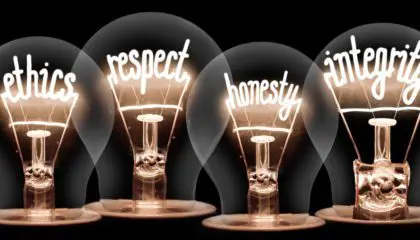 Five light bulbs with the words ethics, respect, and integrity, printed on them.