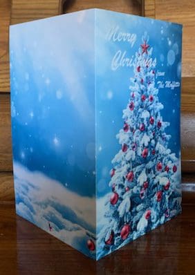 A Holiday Greeting Card with a Christmas tree on it.