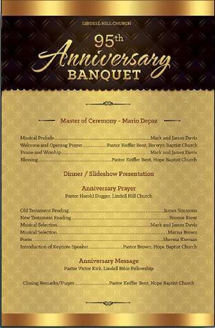 A gold and black invitation for the Church Programs (4 Pages) 95th anniversary banquet.