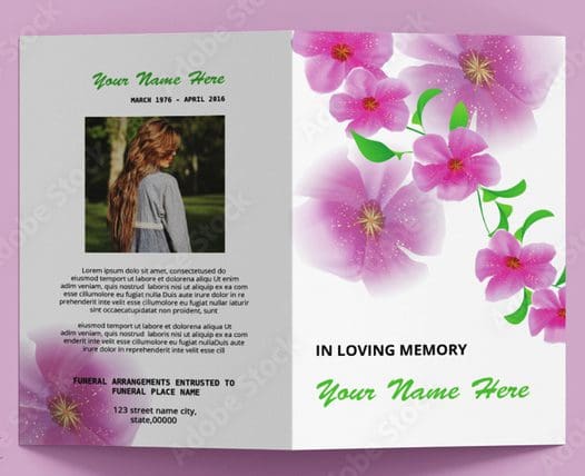 Funeral Programs (4 Pages) template with pink flowers.