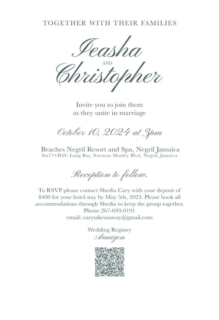 A blue and white <span class="product-class-1">INVITATIONS</span><span style="font-size: 22px; vertical-align: middle;" class="product-class-2">(Includes Envelopes)</span><span style="font-size: 20px; color: #E30C1C;">5 x 7 Premium Postcards</span> with a qr code.