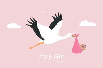 An Announcement Card/Save the Date is being carried by a stork on a pink background.