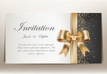 <span class="product-class-1">INVITATIONS</span> card with a golden bow on a black background.